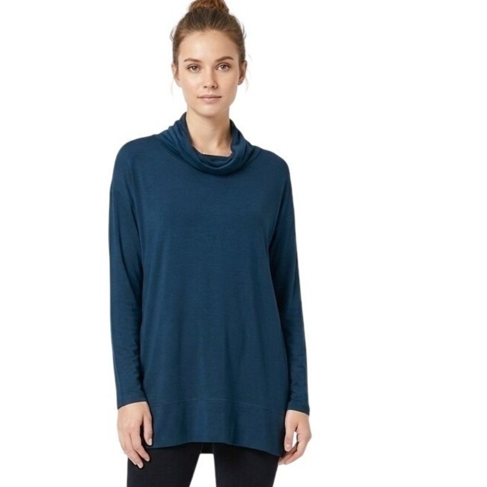 Liz Claiborne Tunic Top Women Medium Teal Blue Cowl Neck Long Sleeve Relaxed Fit
